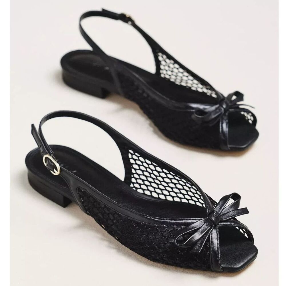 NIB Anthropologie Maeve Black Mesh Peep Toe Slingback Flat Shoes Sz 39